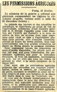 Coupure de presse concernant les permissions agricoles, collée par Jean Vergne dans son Journal de guerre
