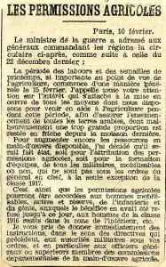 Coupure de presse concernant les permissions agricoles, collée par Jean Vergne dans son Journal de guerre