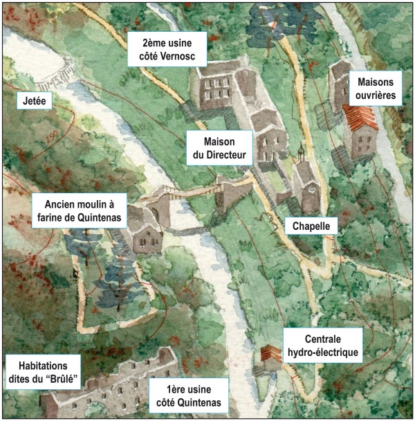 Implantation des bâtiments sur le site du Moulin-sur-Cance