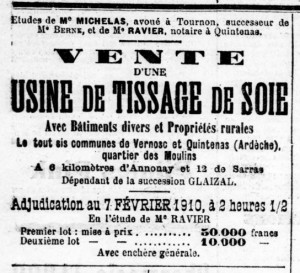 Annonce légale de Me Michelas et Me Ravier, notaires • Le Mémorial de la Loire et de la Haute-Loire, 21 janvier 1910